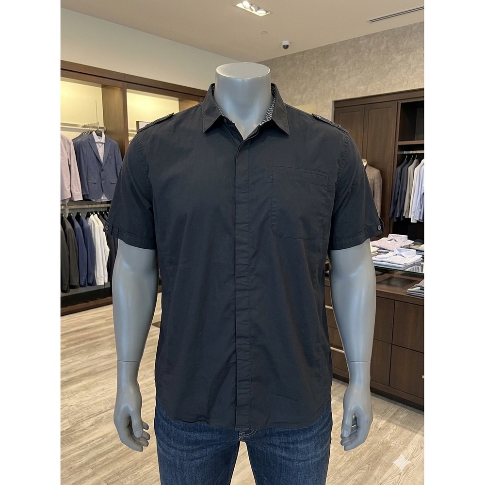 Kenneth Cole New York Mens 4X Black Tapered Fit Short Sleeve‎ Epaulette Shirt